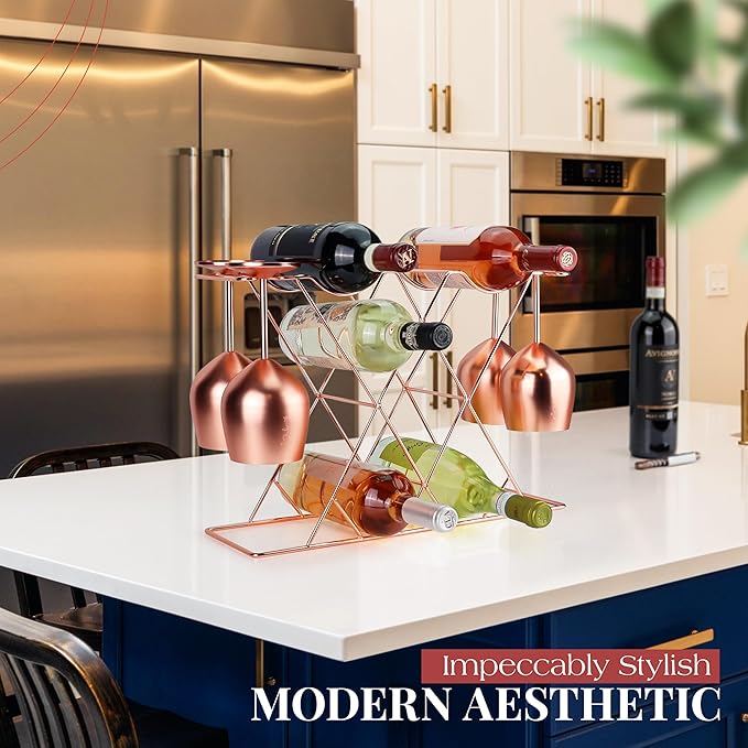 Gusto Nostro Countertop Wine Rack with Glass Holder for 8 Bottles & 4 Glasses, Small Modern Tabletop Wine Rack - No Assembly Wine Holder Stand for Home Kitchen Cabinet Wine Cellar Storage (Rose Gold)