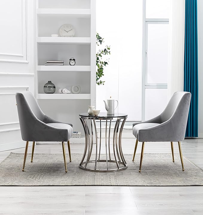 Velvet Dining Chairs, Furniture Collection Modern Contemporary Upholstered with Polished Gold Metal Legs, Set of 6(Light Grey)