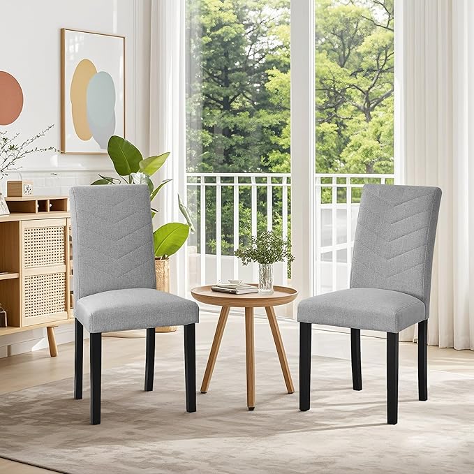 VECELO Upholstered Dining Chairs Set of 4, Fabric Wood Legs High Back for Kitchen Living Room, Light Gray