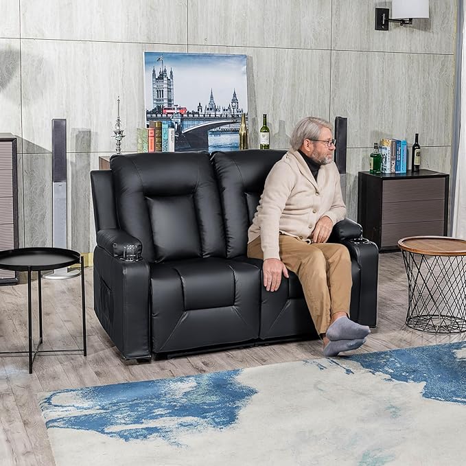 COMHOMA Living Room Furniture Set,Bonded Leather Loveseat Sofa with Cup Holder Recliner Chair,Black