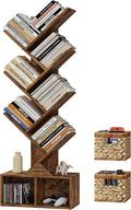Vagusicc 6 Tier Tree Bookshelf, Small Bookcase with Storage Cabinet, Modern Tall Narrow Bookshelves Organizer, Floor Standing Book Shelf for Bedroom/Living Room/Home Office/Corner, Rustic Brown