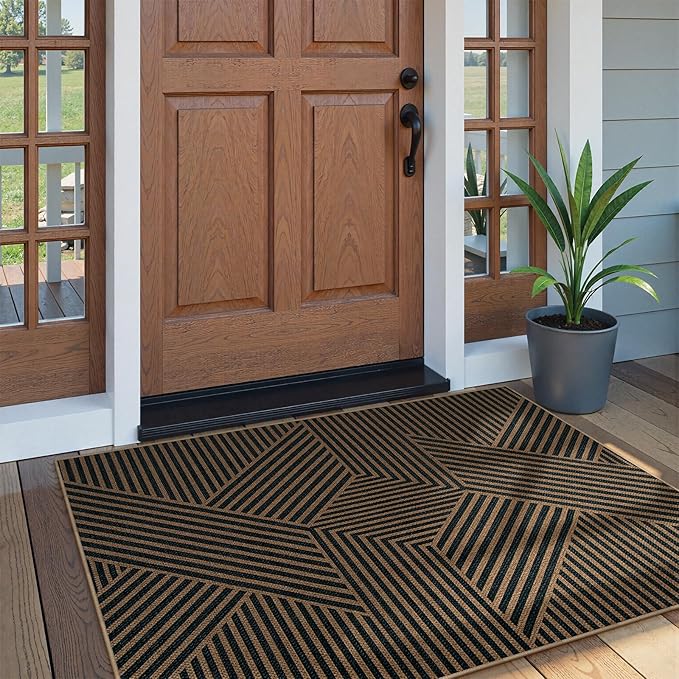 Lahome Modern Geometric Outdoor Easy Jute Rug, 3x5 Indoor Outdoor Rugs for Living Room Black Entryway Carpet, Farmhouse Washable Non Slip Carpet for Patio Courtyard Bedroom