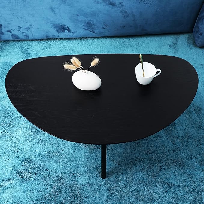 FIRMINANA Small Black Oval Coffee Table for Small Space , Simple Modern Center Table with OAK Wood Legs-Black-18.9" D x 33.47" W x 15.75" H