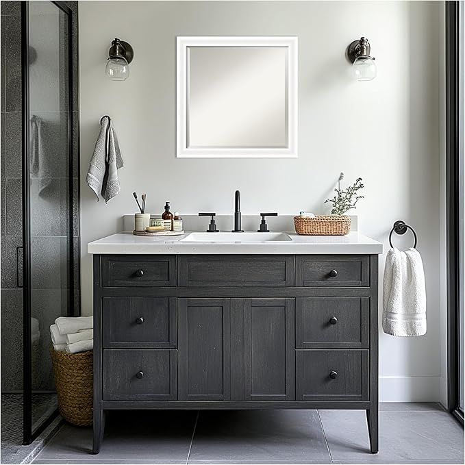 Amanti Art White Bathroom Mirror for Over Sink, 23x23 Oliver White Narrow Square Vanity Mirror, Medium Modern Wood Frame, Hangs Horizonally and Vertically, Bathroom Wall Decor, Beveled Edge