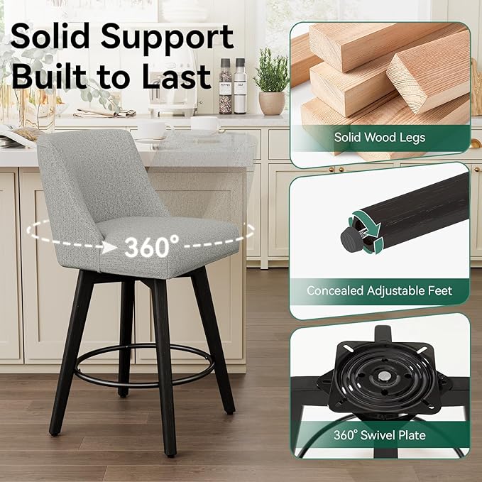 Vipbear Swivel Counter Height Bar Stools Set of 6,26.8" H Counter Stools with Back, Mid Century Modern Bar Stools for Kitchen Island,Linen Fabric,Wooden Base, Light Gray