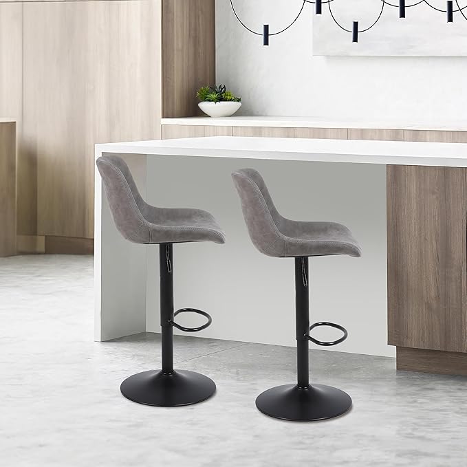Bar Stools, Swivel Counter Height Barstools with Back, Adjustable Modern Bar Chairs, Tall Armless PU Leather Kitchen Island Stool (Grey, Set of 4)