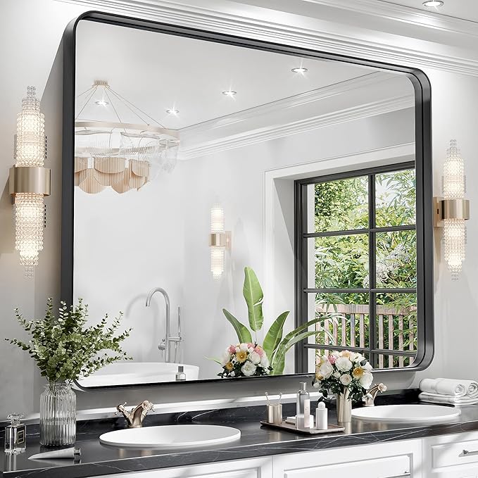 Hasipu Black Bathroom Mirror 50x40 Inch Rounded Rectangle Vanity Mirror Metal Framed Wall Mirrors Anti-Rust Surface Mount (Horizontal/Vertical)