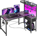 PRAISUN L Shaped Gaming Desk with Shelves, Corner Computer Table with LED Lights, Power Outlets and USB-C Ports, 42 Inch Home Office Desk with Storage Drawer, for Work and Study, Carbon Fiber Black