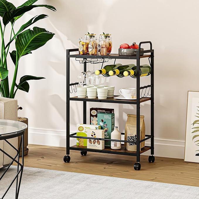 Home Bar Serving Cart, Serving Cart with Wheels and Handle, 3 Tier Rolling Kitchen Cart, Microwave Cart, Beverage Cart with Wine Holder and Glass Holders, for Dinning Room, Living Room, Black