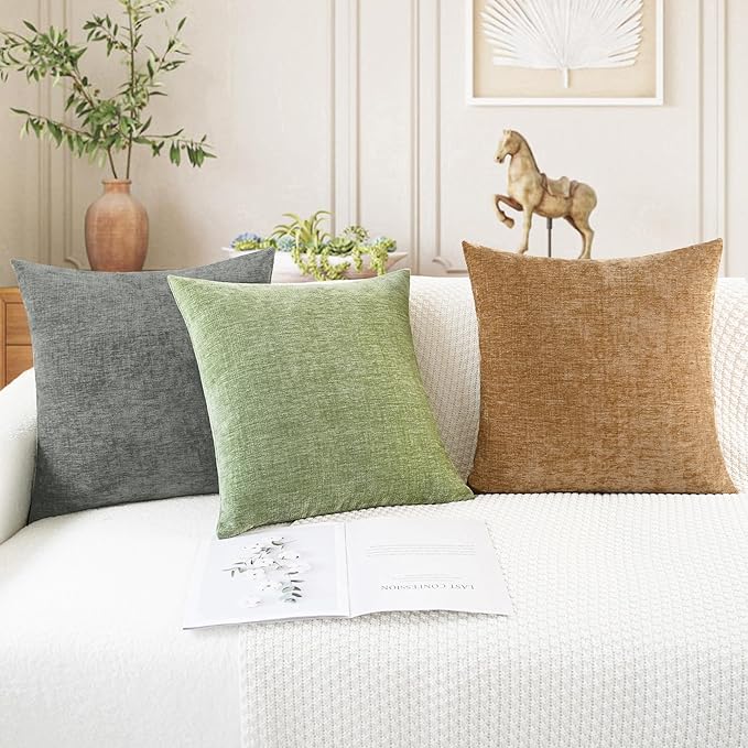 CaliTime Throw Pillow Covers Decorative 18 X 18 Inches Pack of 2 Cozy Chenille Cushion Cases for Couch Sofa Bed Living Room Home Sage Green