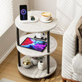 Small Round End Table - 3 Tier Design Accent Table, Narrow Side or Bedside Stand, Industrial Vintage Table for Small Spaces, Built-in USB Ports and Power Outlet, Greige