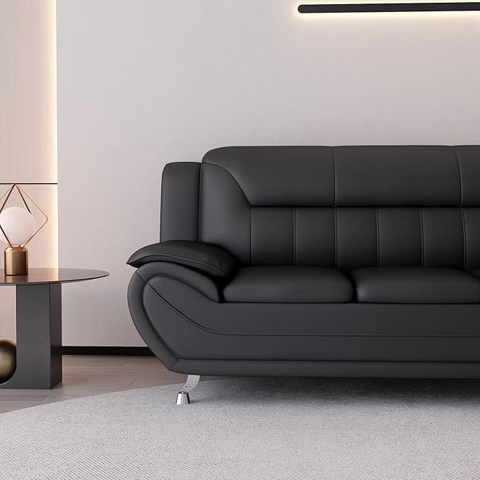 Container Furniture Direct Michael Modern Faux Leather Upholstered Stainless Steel Legs Living Room Sofa, Chair, Black