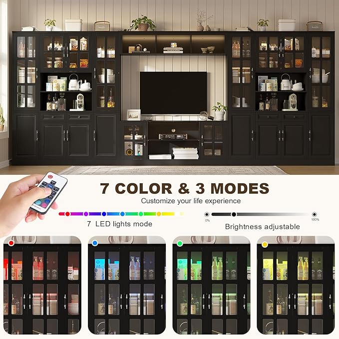 4-Piece Wall Unit TV Stand with Storage & LED Lights for TVs up to 75", Modern Entertainment Center with Bookshelves & 8-Door Pantry Cabinet, White Black