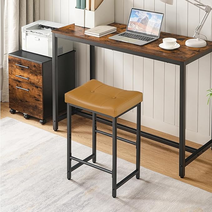 HOOBRO Bar Stools,25.4" Saddle Stools with PU Upholstery, Counter Height Stools with Footrest, Kitchen Breakfast Chairs, for Dining Room, Cafe, Bar, Brown and Black CB23BY01