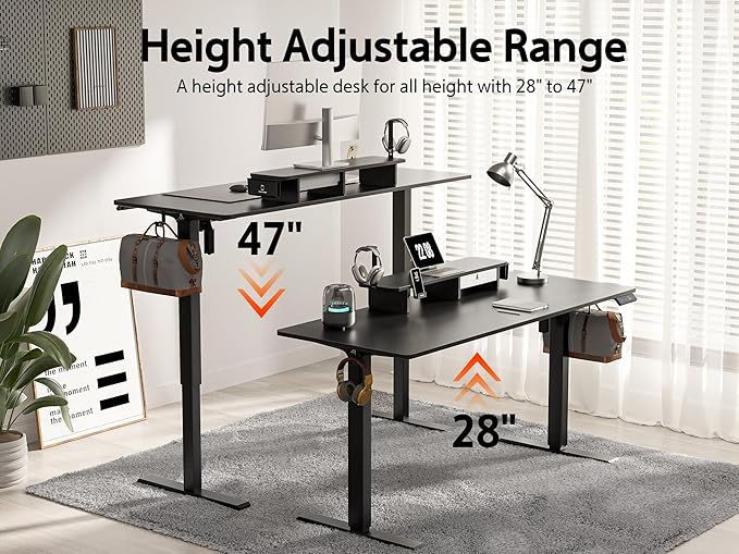 48x24 Inches Electric Standing Desk With Drawer and Monitor Stand, Height Adjustable for Home Office, Ergonomic Sit to Stand With Phone Holder, 3 Hooks, Black
