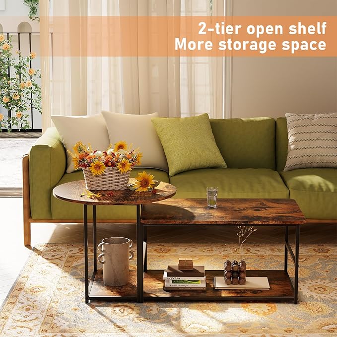 WOHOMO Coffee Table, Mid Century Modern Coffee Table for Living Room Rustic Farmhouse Center Table 2 in 1Detachable Table Set, Rustic Brown