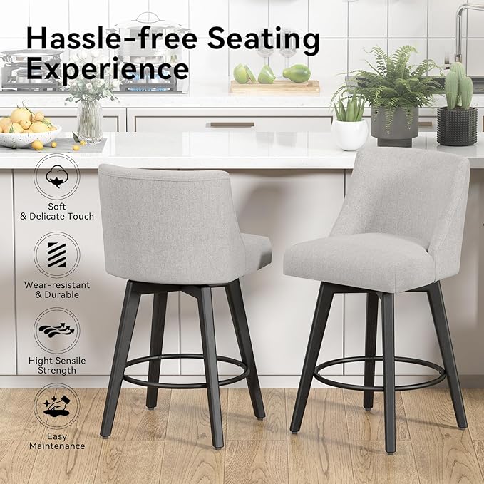 Counter Height Swivel Bar Stools Set of 3, 26 Inch Bar Stools with Footrest, Linen Fabric Upholstered Barstools with Back and Solid Wood Legs for Kitchen Island, Dining Room,Pub,Light Grey