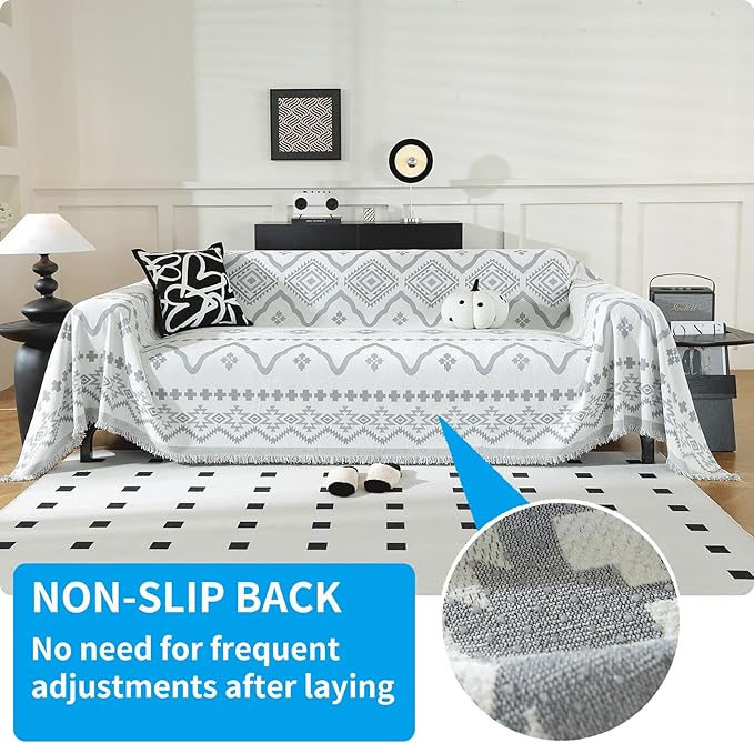 LUFEIJIASHI Boho Couch Covers for Sofa Non Slip Sofa Covers Washable Couch Covers for 3 Cushion Couch Sofa Pet Friendly Sectional Couch Cover Blanket Furniture Protector for Dogs (Grey, 91"x134")