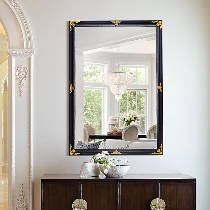 35" x 23" Large Antique Mirror, Black and Gold Modern Elegant Mirror with Victorian Wood Frame for Entryway Over Console, Bedroom, Dining Room