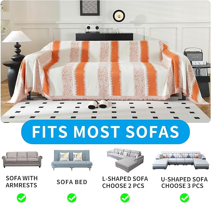 LUFEIJIASHI Boho Couch Covers for Sofa Non Slip Sofa Covers Washable Couch Covers for 3 Cushion Couch Sofa Pet Friendly Sectional Couch Cover Blanket Furniture Protector for Dogs (Orange, 71"x118")