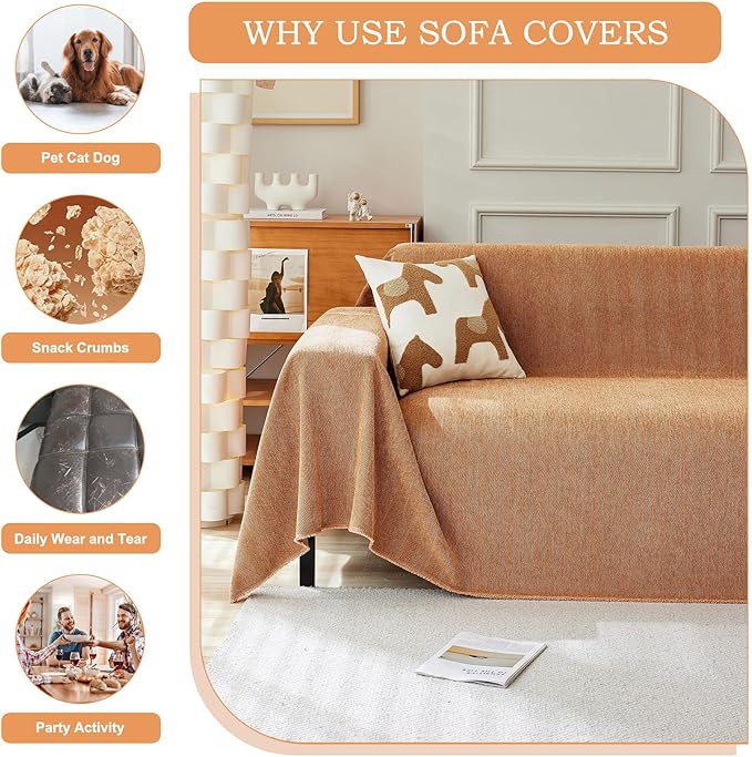 STACYPIK Dark Orange Sofa Cover for Dog Soft Chenille Couch Cover Boho Furniture Protector for 3 Cushion Couch Lovetseat Futon Cover Pumpkin Couch Cover Pet-Friendly Multi-Use Sofa Slipcover-91X118IN