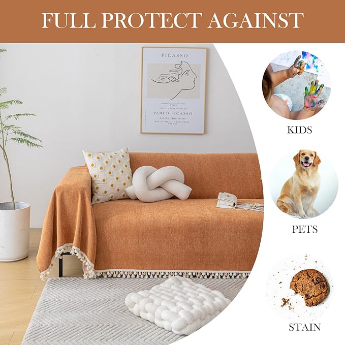 HANDONTIME Dark Orange Sofa Covers - Colorful Tassel Couch Cover for Dogs & Vintage Boho Couch, 91" X134"