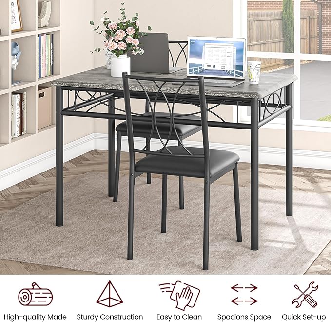 IDEALHOUSE Dining Table Set for 4, Kitchen Table and Chairs Set for 4, Rectangular Kitchen Table Set, 5 Piece Small Dining Table Set with Upholstered Chairs for Apartment, Small Space, Retro Gray
