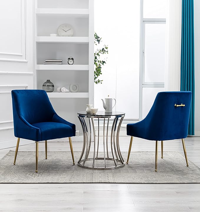 Velvet Dining Chairs, Furniture Collection Modern Contemporary Upholstered with Polished Gold Metal Legs, Set of 4(Blue)