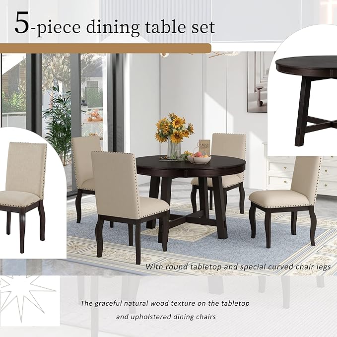 5 Pieces Dining Table Set with 43" Round Extendable Desk,Living Room Furniture W/ 4 Upholstered Curved Legs Chairs,for Restaurant,Home Bistro,Espresso