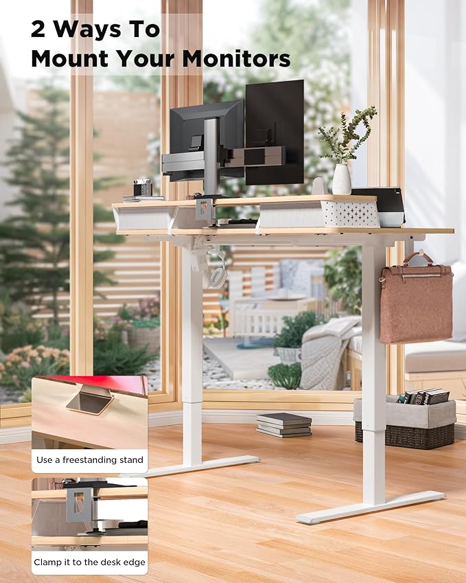 40x24 Inch Standing Desk with Double Drawers, C-Clamp Mount Compatible, Electric Adjustable Height Computer Stand Up Desks, Home Office Sit Stand Table with 3 Preset Heights & 2 Hooks, Natural
