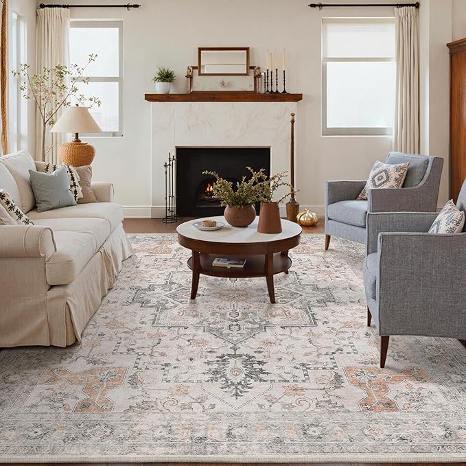 GENIMO 5x8 Area Rugs for Living Room, Machine Washable Low Pile Rugs, Chenille Non Alip Vintage Rug for Bedroom, Dining Room, Home Office, Light Taupe Brown
