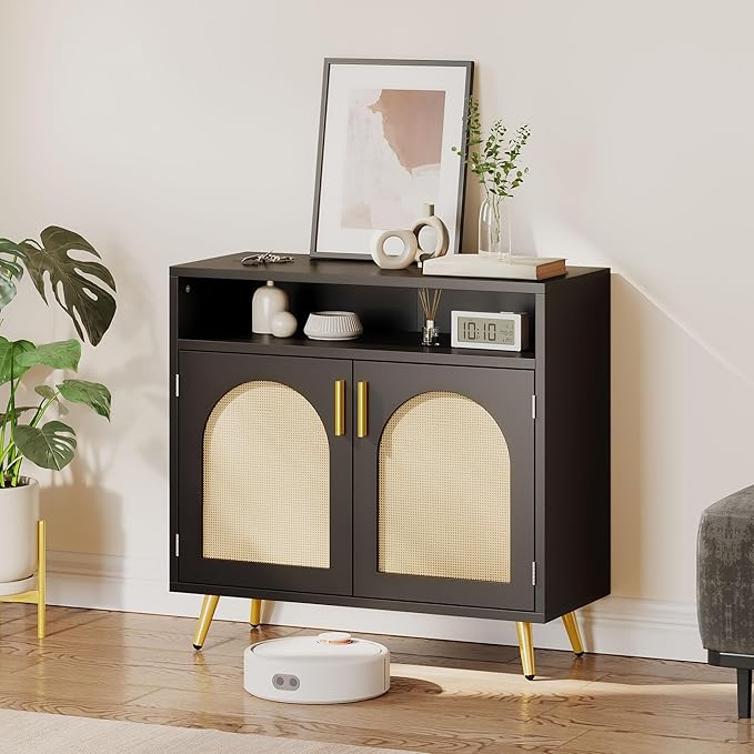 DWVO Buffet Cabinet with Storage, Black Sideboard Cabinet w/Rattan Decorated Doors, Modern Coffee Bar Cabinets w/Adjustable Shelves for Kitchen & Living Room, Set of 2