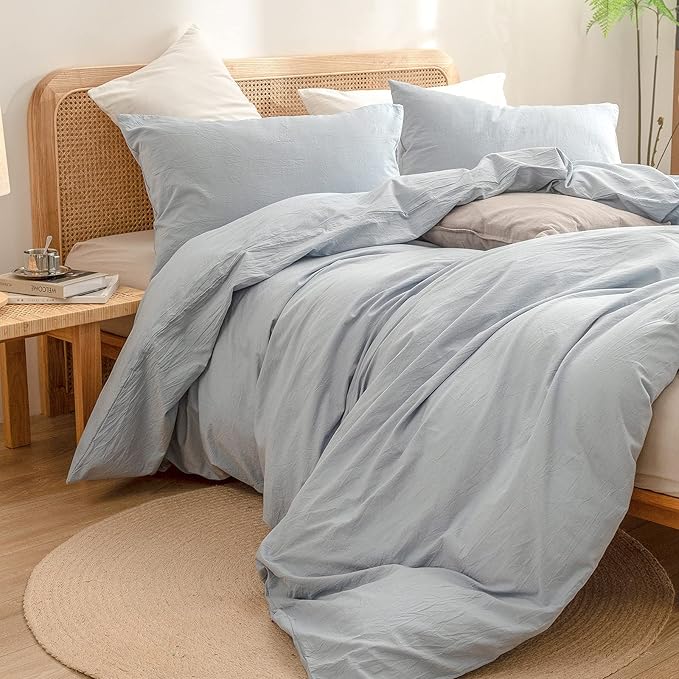 BESTOUCH Duvet Cover Set 100% Washed Cotton Linen Feel Super Soft Comfortable Chic Lightweight 3 PCs Home Bedding Set Solid Cornflower Blue Super Queen