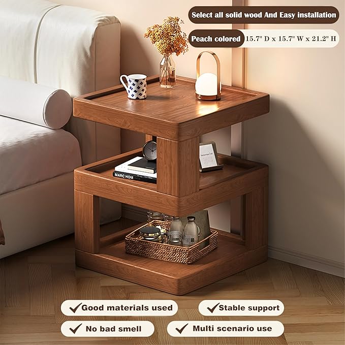 Nightstand Bedside Table with 3-Tier Storage, Modern Solid Rubberwood End Side Table for Bedroom Living Room,Original Wood Color Walnut (15.7" D x 15.7" W x 21.2" H)