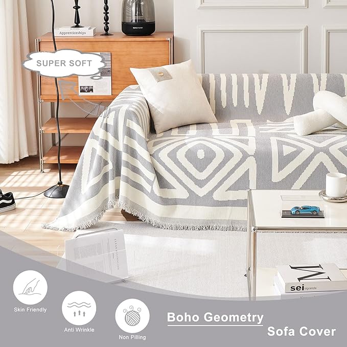 STACYPIK Boho Geometric Couch Cover for Dogs, Soft Chenille Gray Sofa Cover for 2 Cushion Couch, Non-Silp Loveseat Cover for Sectional, Washable Anti-Scratch Pet Furniture Protector Decor-71X118IN