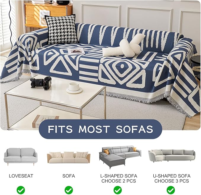 STACYPIK Boho Chenille Couch Cover, Blue Jacquard Sofa Cover for 3 Cushion Couch, Reversible Furniture Protector, Anti Slip Geometric Couch Covers for Sectional, Loveseat Cover Pet-Friendly-71X134IN