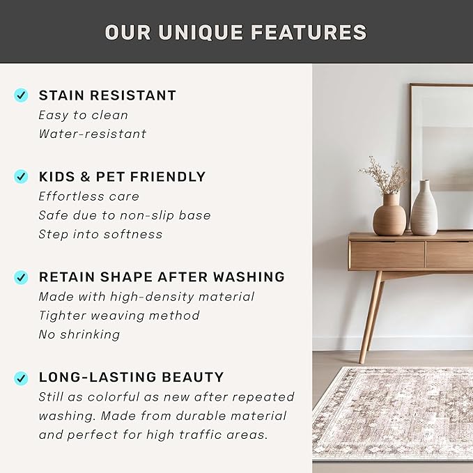 Washable Neutral Farmhouse Bedroom Rug, 5x7 Area Rugs for Living Room, Nursery Room, Boho Vintage Floral Non-Slip Rug Low Pile Stain Resistant (5x7 Beige/Latte)