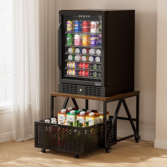 Urban Deco Mini Fridge Stand with Storage, Heavy Duty Fridge Cart with Drawer Basket, Mini Refrigerator Table for 220 LBS, Mobile Fridge Stand with Swivel Wheels for Dorm,Office,Home,Retro Brown