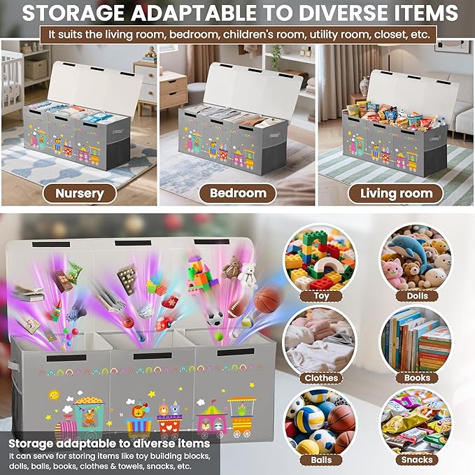120L Large Toy Storage Box with Lid, Extra Large Toy Box Chest, Large Toy Box for Kids, Girls and Boys, Nursery Room and Living Room, 40"x13" x16"(grey-train)
