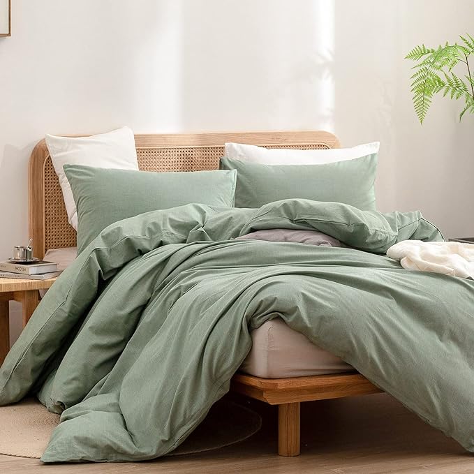 BESTOUCH Duvet Cover Set 100% Washed Cotton Linen Feel Super Soft Comfortable Chic Lightweight 3 PCs Home Bedding Set Solid Green Super Queen