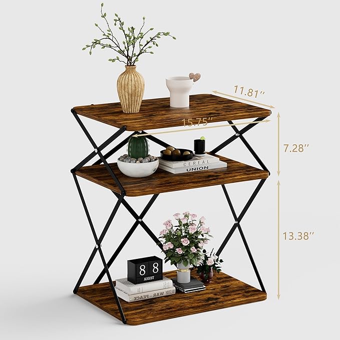 3-Tier End Table Small Side Table Tall Bedside Night Stand with Storage Sofa Side desks for Living Room Bedroom Office Bathroom Small Space Rustic Brown ET-04RB