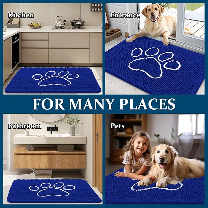 OLANLY Door Mat for Muddy Dog Paws 30x20, Ultra Absorbent Chenille Mud Doormat with Paw Print Design, Non-Slip Washable Doormat for Indoor Entryway, Quick-Dry Pet Bed Mats for Dirty Dogs, Royal Blue