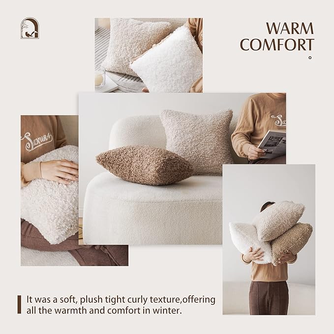 Foindtower 2 Pieces 24x24 Inch Chocolate, Faux Fur Throw Pillow Cover Accent Sherpa Pillow Fuzzy Soft Pillowcases Sheepskin Decorative Fleece Cushion Case for Bed Couch Living Room