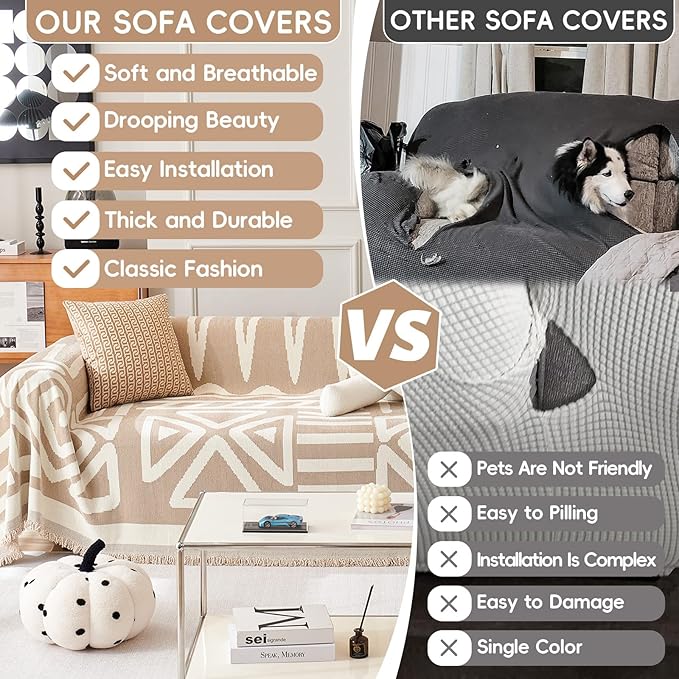 STACYPIK Durable Khaki Couch Covers for Dog Boho L Shape Armchair Slipcovers Tassels Couch Protector for 1 Cushion Couch Reversible Geometric Sofa Cover Anti Slip Multi-Use Couch Cover Blanket-71X71IN