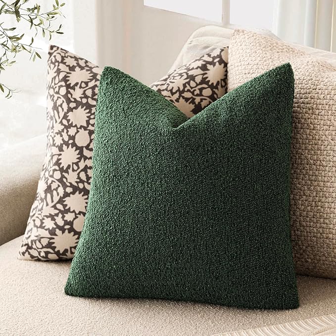 Foindtower Set of 2, Decorative Textured Boucle Throw Pillow Covers Accent Solid Pillow Cases Neutral Cozy Couch Cushion Case for Chair Sofa Bedroom Living Room Home Decor 26x26 Inch Pine Green
