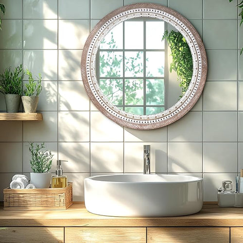 24 Inch Wooden Round Mirror for Wall Decor, Farmhouse Rustic Decorative Circle Mirrors with Beaded Frame, for Bedroom, Bathroom, Living Room, Entryway