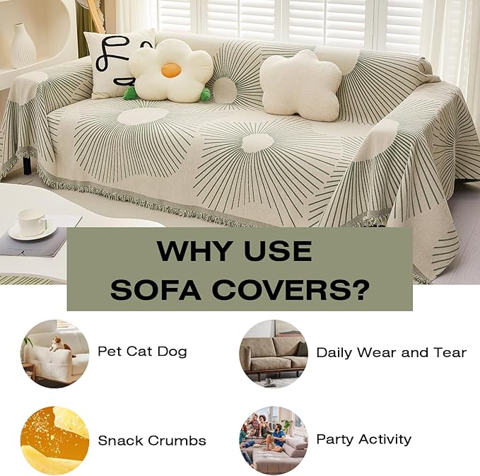 STACYPIK Chenille Boho Geometric Striped Sofa Cover Dogs Couch Cover L Shape Protector for 3 Cushion Couch Sofa Cover Sofa Slipcover for Living Room Multi-Use Bed Blanket-71X118IN