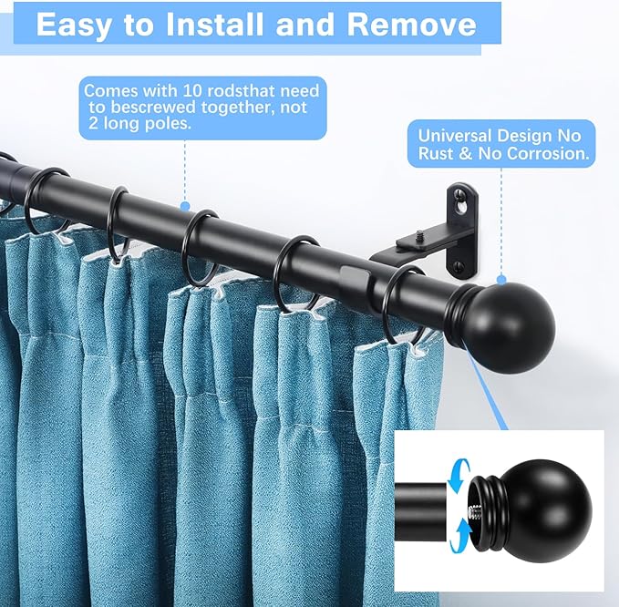 Curtain Rods for Windows 16 to 150 Inches, Curtain Rod Max Adjustable Length of 160 IN, 6/8" Diameter Drapery Rods Round Finials, Black, Pack of 1