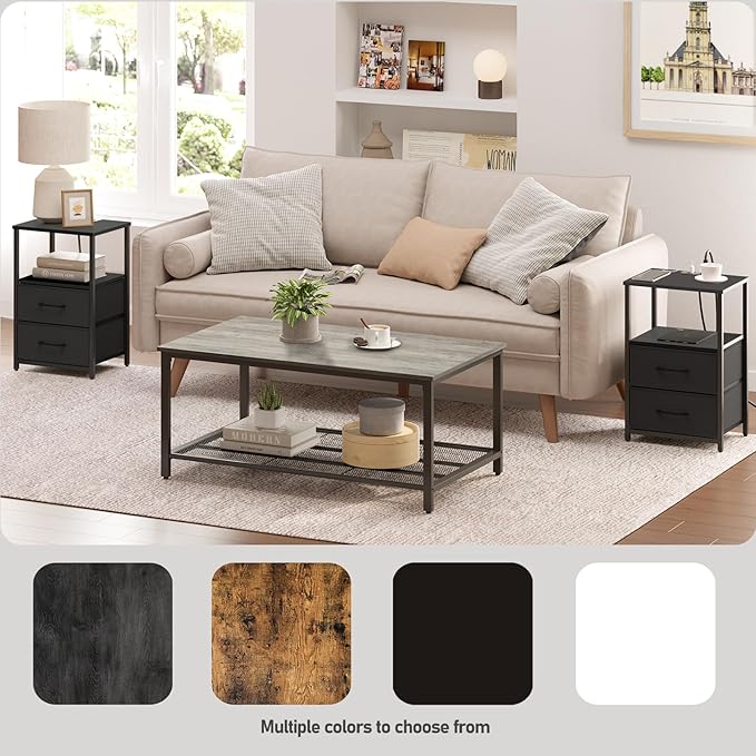 TUTOTAK End Table with Charging Station, Night Stand, Side Table with 2 USB Ports and Outlets, Nightstand with Cloth Drawer, Bedside Table for Livingroom, Bedroom Black TB01BK088
