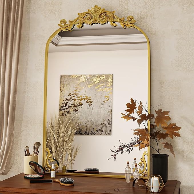 24x36 inch Vintage Arched Bathroom Mirror - Gorgeous Wall Vanity Mirror with Beautiful Retro Top and Bottom Engraving Process Frame for Entryway Hallway Living Room, Gold